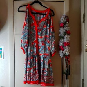Versona Orange and Blue Paisley Cold Shoulder Dress